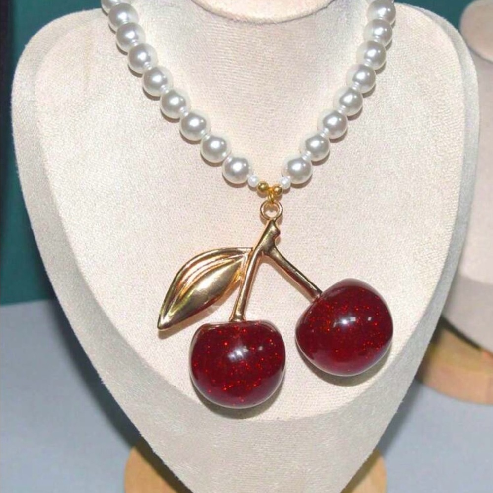 Elegant Pearl Necklace with Cherry Pendant